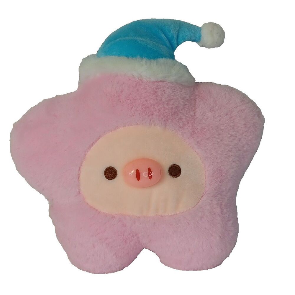 Unbranded Pink Star Pig Plush Blue Stocking Cap Soft Pastel Stuffed Toy
